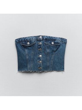 Zara Denim Strapless Button-Front Corset Top - Medium Blue